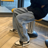 Men Jeans Loose Hong Kong Style Breasted Denim Trousers Straight Wide Leg Pants